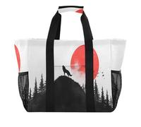 Quteprint Grande borsa da viaggio impermeabile per donne e uomini, con lupo ululante rosso e luna, borsa da spiaggia in tela con fodera e tasche, riutilizzabile, per generi alimentari, lavanderia