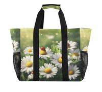 Quteprint Grande borsa da viaggio impermeabile per donne e uomini, con margherite, fiori primaverili, coccinelle, borsa da spiaggia in tela con fodera e tasche, riutilizzabile, per generi alimentari