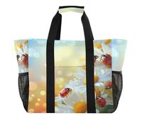 Quteprint Grande borsa da viaggio impermeabile per donne e uomini, con margherite primaverili e coccinelle, borsa da spiaggia in tela con fodera e tasche, riutilizzabile, per generi alimentari