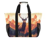 Quteprint Grande borsa da viaggio impermeabile per donne e uomini, con montagne di cervi al tramonto, borsa da spiaggia in tela con fodera e tasche, riutilizzabile, per generi alimentari, lavanderia