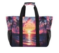 Quteprint Grande borsa da viaggio impermeabile per donne e uomini, con palma marina al tramonto, borsa da spiaggia in tela con fodera e tasche, riutilizzabile, per generi alimentari, lavanderia