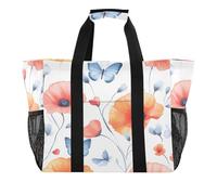 Quteprint Grande borsa da viaggio impermeabile per donne e uomini, con papaveri ad acquerello, fiori e farfalle, borsa da spiaggia in tela con fodera e tasche, riutilizzabile, per generi alimentari