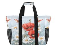 Quteprint Grande borsa da viaggio impermeabile per donne e uomini, con papaveri, margherite, farfalle, fiori, borsa da spiaggia in tela con fodera e tasche, riutilizzabile, per generi alimentari