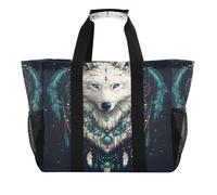 Quteprint Grande borsa da viaggio impermeabile per donne e uomini, con piume bohémien, cuore e lupo, borsa da spiaggia in tela, con fodera e tasche, riutilizzabile, per generi alimentari, lavanderia