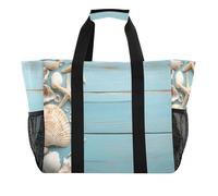 Quteprint Grande borsa da viaggio impermeabile per donne e uomini, conchiglie in legno di mare, stella marina, borsa da spiaggia in tela con fodera e tasche, riutilizzabile, per generi alimentari