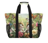 Quteprint Grande borsa da viaggio impermeabile per donne e uomini, da giardino, gatti, farfalle, fiori, uccelli, borsa da spiaggia in tela con fodera e tasche, riutilizzabile, per generi alimentari