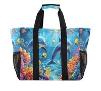 Quteprint Grande borsa da viaggio impermeabile per donne e uomini, delfini oceanici, animali marini, delfini, borsa da spiaggia in tela, con fodera e tasche, riutilizzabile, per generi alimentari