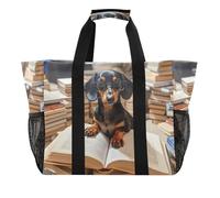 Quteprint Grande borsa da viaggio impermeabile per donne e uomini, divertente bassotto che legge il cane, borsa da spiaggia in tela, con fodera e tasche, riutilizzabile, per generi alimentari