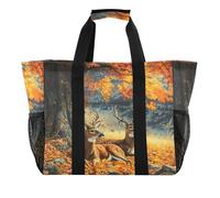 Quteprint Grande borsa da viaggio impermeabile per donne e uomini, due cervi, autunnale, albero foresta, borsa da spiaggia in tela con fodera e tasche, riutilizzabile, per generi alimentari