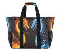 Quteprint Grande borsa da viaggio impermeabile per donne e uomini, due draghi Fire borsa da spiaggia in tela con fodera e tasche, riutilizzabile per generi alimentari/lavanderia/cucina/piscina/picnic