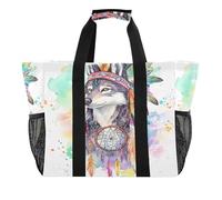 Quteprint Grande borsa da viaggio impermeabile per donne e uomini, etnica lupo acquerello indiano, borsa da spiaggia in tela con fodera e tasche, riutilizzabile, per generi alimentari, lavanderia