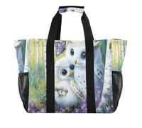 Quteprint Grande borsa da viaggio impermeabile per donne e uomini, foresta con gufo carino farfalla borsa da spiaggia in tela con fodera e tasche, riutilizzabile per generi alimentari/lavanderia