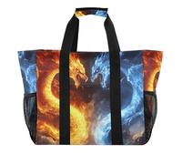 Quteprint Grande borsa da viaggio impermeabile per donne e uomini, giallo e blu, con drago di ghiaccio di fuoco, borsa da spiaggia in tela, con fodera e tasche, riutilizzabile, per generi alimentari