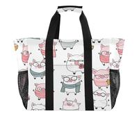 Quteprint Grande borsa da viaggio impermeabile per donne e uomini, graziosa borsa da spiaggia in tela con motivo maiali in stile cartone animato, con fodera e tasche, riutilizzabile, per generi