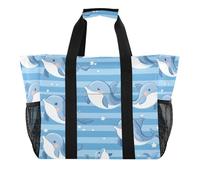 Quteprint Grande borsa da viaggio impermeabile per donne e uomini, graziosa borsa da spiaggia in tela con motivo delfini in stile cartone animato, con fodera e tasche, riutilizzabile, per generi