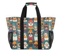 Quteprint Grande borsa da viaggio impermeabile per donne e uomini, graziosa borsa da spiaggia in tela colorata con cane con occhiali e cappelli, borsa da spiaggia con fodera e tasche, riutilizzabile