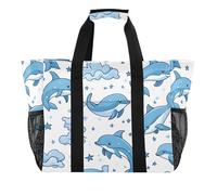 Quteprint Grande borsa da viaggio impermeabile per donne e uomini, graziosa borsa da spiaggia in tela con delfini e stelle, con fodera e tasche, riutilizzabile, per generi alimentari, lavanderia