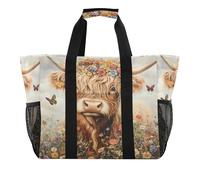 Quteprint Grande borsa da viaggio impermeabile per donne e uomini, graziosa mucca, farfalla, fiori, borsa da spiaggia in tela con fodera e tasche, riutilizzabile, per generi alimentari, lavanderia