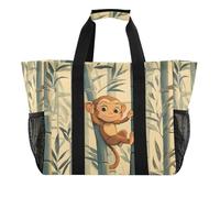 Quteprint Grande borsa da viaggio impermeabile per donne e uomini, graziosa scimmia alberi di bambù borsa da spiaggia in tela con fodera e tasche, riutilizzabile per generi alimentari/biancheria