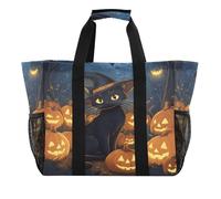 Quteprint Grande borsa da viaggio impermeabile per donne e uomini, Halloween, gatto nero, streghe, zucca, borsa da spiaggia in tela con fodera e tasche, riutilizzabile, per generi alimentari