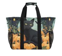Quteprint Grande borsa da viaggio impermeabile per donne e uomini, Halloween, gatto, zucca, stelle, borsa da spiaggia in tela con fodera e tasche, riutilizzabile, per generi alimentari, lavanderia