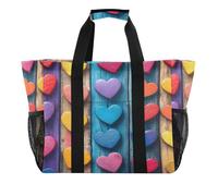 Quteprint Grande borsa da viaggio impermeabile per donne e uomini, in tela con cuori colorati in legno, borsa da spiaggia con fodera e tasche, riutilizzabile, per generi alimentari, lavanderia, cucina