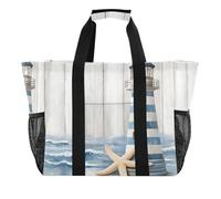 Quteprint Grande borsa da viaggio impermeabile per donne e uomini, in tela con faro marino e stella marina, borsa da spiaggia con fodera e tasche, riutilizzabile, per generi alimentari, lavanderia