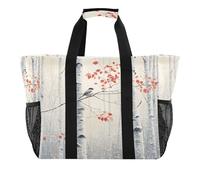 Quteprint Grande borsa da viaggio impermeabile per donne e uomini, in tela di betulla, ramo di uccello, borsa da spiaggia con fodera e tasche, riutilizzabile, per generi alimentari, lavanderia, cucina