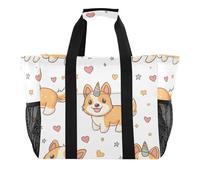 Quteprint Grande borsa da viaggio impermeabile per donne e uomini, kawaii, cane, corgi, cuori, stelle, borsa da spiaggia in tela con fodera e tasche, riutilizzabile, per generi alimentari, lavanderia