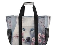 Quteprint Grande borsa da viaggio impermeabile per donne e uomini, lupo, fiori di ciliegio, fiori di albero, borsa da spiaggia in tela con fodera e tasche, riutilizzabile, per generi alimentari