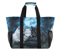 Quteprint Grande borsa da viaggio impermeabile per donne e uomini, lupo, galassia, stelle, luna chiara, borsa da spiaggia, in tela, con fodera e tasche, riutilizzabile, per generi alimentari