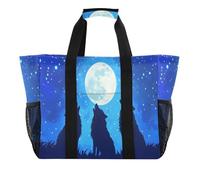 Quteprint Grande borsa da viaggio impermeabile per donne e uomini, lupo ululante luna stella borsa da spiaggia in tela con fodera e tasche, riutilizzabile per generi alimentari/biancheria/cucina