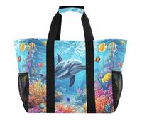 Quteprint Grande borsa da viaggio impermeabile per donne e uomini, oceano, pesci marini, delfini, borsa da spiaggia in tela con fodera e tasche, riutilizzabile, per generi alimentari, lavanderia