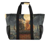 Quteprint Grande borsa da viaggio impermeabile per donne e uomini, romantica borsa da spiaggia con due gatti, luna e stelle, in tela, con fodera e tasche, riutilizzabile, per generi alimentari