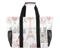 Quteprint Grande borsa da viaggio impermeabile per donne e uomini, romantica Torre Eiffel di Parigi, borsa da spiaggia in tela, con fodera e tasche, riutilizzabile, per generi alimentari, lavanderia