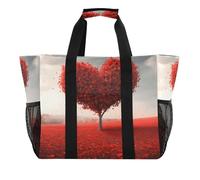 Quteprint Grande borsa da viaggio impermeabile per donne e uomini, San Valentino, autunno, cuore, albero, papaveri, borsa da spiaggia in tela con fodera e tasche, riutilizzabile, per generi alimentari