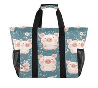 Quteprint Grande borsa da viaggio impermeabile per donne e uomini, stampa floreale con simpatici animali maiali, borsa da spiaggia in tela con fodera e tasche, riutilizzabile, per generi alimentari