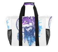 Quteprint Grande borsa da viaggio impermeabile per donne e uomini, stile bohémien indiano con lupo, borsa da spiaggia in tela con fodera e tasche, riutilizzabile, per generi alimentari, lavanderia