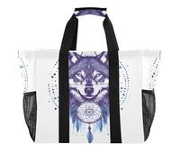 Quteprint Grande borsa da viaggio impermeabile per donne e uomini, stile boho, con animali indiani, lupo, borsa da spiaggia in tela, con fodera e tasche, riutilizzabile, per generi alimentari