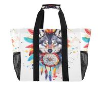 Quteprint Grande borsa da viaggio impermeabile per donne e uomini, stile indiano con lupo acquerello bohémien, borsa da spiaggia in tela con fodera e tasche, riutilizzabile, per generi alimentari