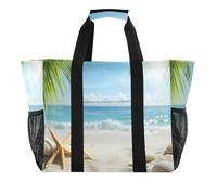 Quteprint Grande borsa da viaggio impermeabile per donne e uomini, Sunny Beach con foglie di palma e stelle marine, borsa da spiaggia in tela con fodera e tasche, riutilizzabile, per generi alimentari