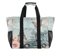 Quteprint Grande borsa da viaggio impermeabile per donne e uomini, Torre Eiffel di Parigi, auto, farfalla, borsa da spiaggia in tela con fodera e tasche, riutilizzabile, per generi alimentari