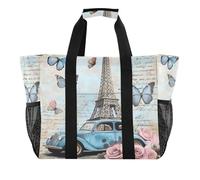 Quteprint Grande borsa da viaggio impermeabile per donne e uomini, Torre Eiffel di Parigi, farfalla, auto, borsa da spiaggia in tela con fodera e tasche, riutilizzabile, per generi alimentari