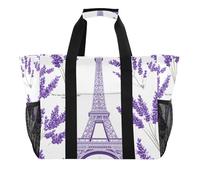 Quteprint Grande borsa da viaggio impermeabile per donne e uomini, Torre Eiffel di Parigi, lavanda, borsa da spiaggia in tela con fodera e tasche, riutilizzabile, per generi alimentari, lavanderia