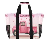 Quteprint Grande borsa da viaggio impermeabile per donne e uomini, Valentine rosa camion cuori, borsa da spiaggia in tela con fodera e tasche, riutilizzabile per generi alimentari, lavanderia, cucina