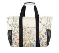 Quteprint Grande borsa da viaggio impermeabile per donne e uomini, vintage con fiori di campo e erbe, borsa da spiaggia in tela con fodera e tasche, riutilizzabile, per generi alimentari, lavanderia