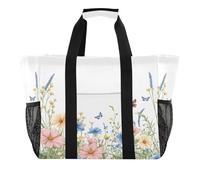 Quteprint Grande borsa da viaggio impermeabile per donne e uomini, vintage con fiori di campo e farfalle, borsa da spiaggia in tela con fodera e tasche, riutilizzabile, per generi alimentari