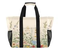 Quteprint Grande borsa da viaggio impermeabile per donne e uomini, vintage con fiori e erbe aromatiche, borsa da spiaggia in tela con fodera e tasche, riutilizzabile, per generi alimentari, lavanderia