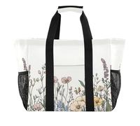 Quteprint Grande borsa da viaggio impermeabile per donne e uomini, vintage, fiori di campo, erbe, piante, borsa da spiaggia in tela con fodera e tasche, riutilizzabile, per generi alimentari