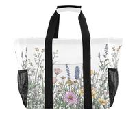Quteprint Grande borsa da viaggio impermeabile per donne e uomini, vintage, fiori di campo, piante, erbe, borsa da spiaggia in tela con fodera e tasche, riutilizzabile, per generi alimentari